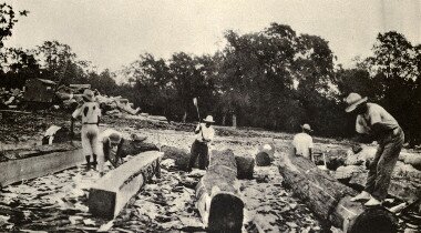 Loggers squaring mahogany around 1930. 