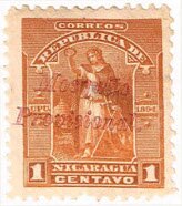 1 centavo yellow green, overprint in red. Image courtesy of the Nicaragua Study Group