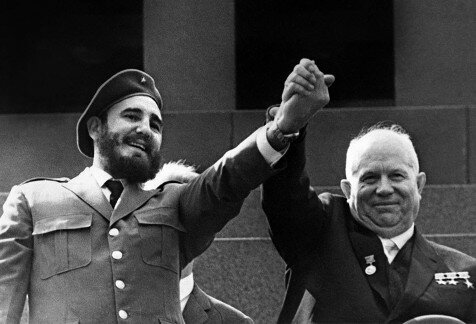 Fidel Castro and Soviet leader Nikita Khrushchev during a 1963 official visit to Moscow. Fidel Castro aligned Cuba closely with the Soviet Union. 