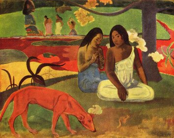 The reputation of Tahiti as an an earthly paradise was probably gained in part because of the paintings the French painter Paul Gauguin made on island in the 1890's. Shown is a painting called 'Arearea', painted in 1892.